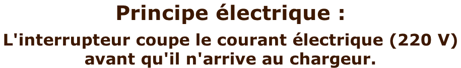 Principe électrique :  L'interrupteur coupe le courant électrique (220 V)  avant qu'il n'arrive au chargeur.